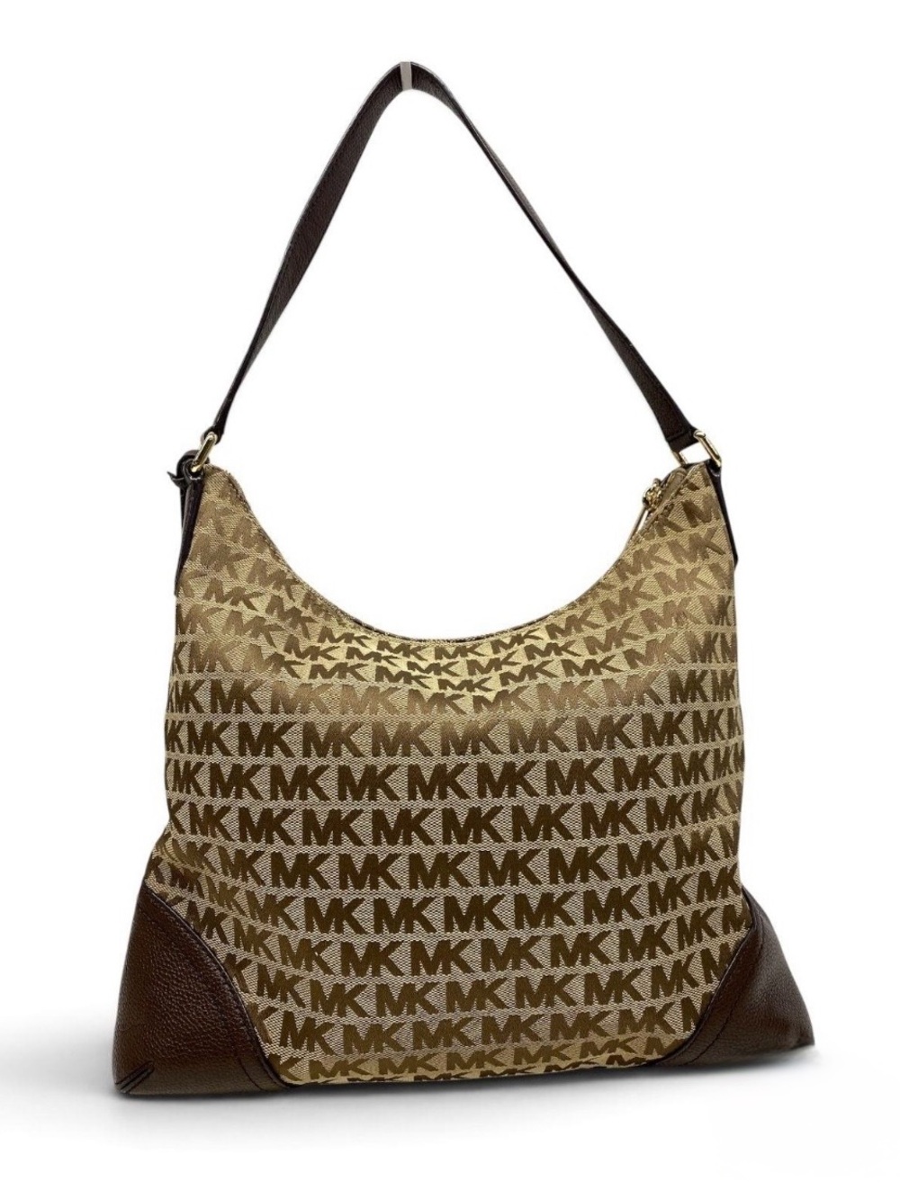 Michael Kors Fallon Large Logo Jacquard Shoulder Bag Brown Tan Leather